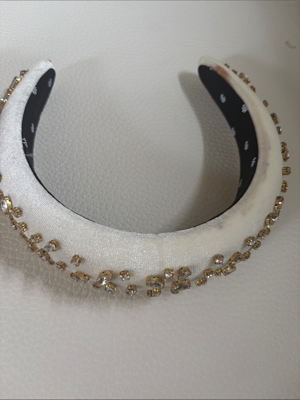 Lele Sadoughi Cream Velvet Padded Headband with Gold Crystal Trim